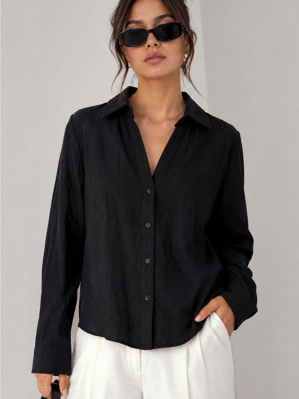 Milk & Honey Black Button Up Blouse Women’s Small Back Tie Open Back Long Sleeve